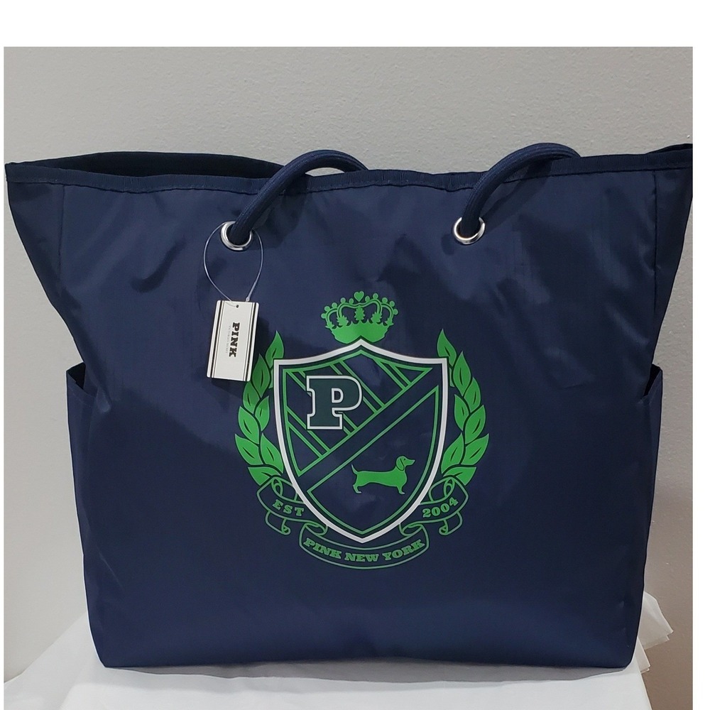Victorias Secret PINK Reversible Tote Bag Navy Blue Green Crest Striped 11250961